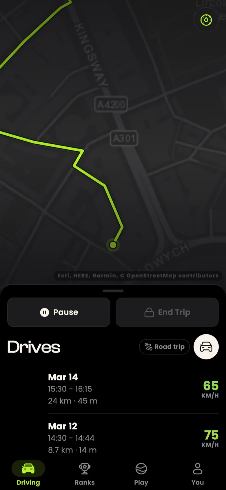 Trip360 drawing a live route on the map while a drive is recording