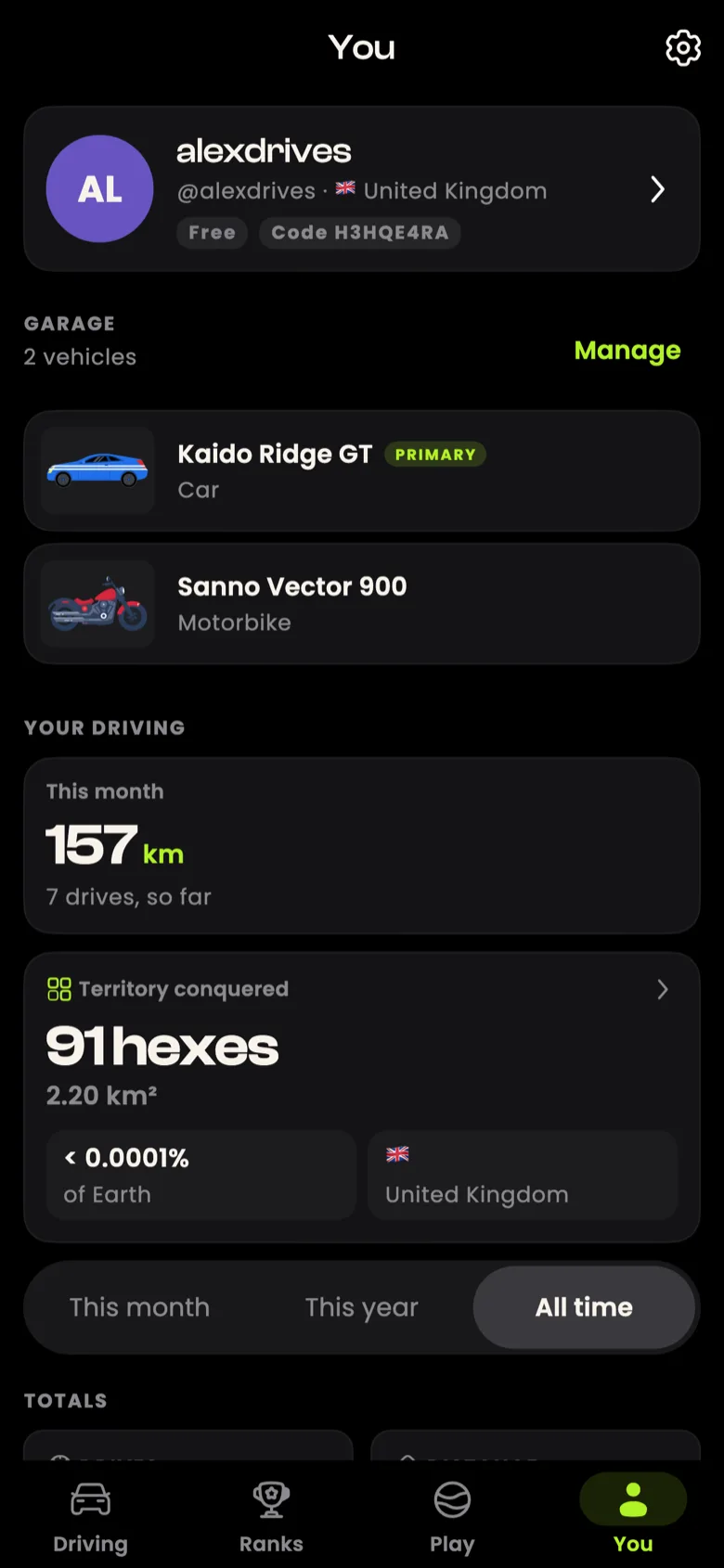 The You tab with a profile, a friend code, the garage and monthly driving totals